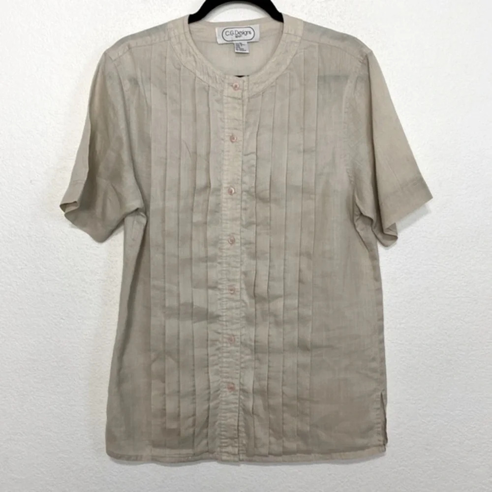 C.G. Designs Cream Preppy Ramie Button Front Quiet Luxury Blouse Size M